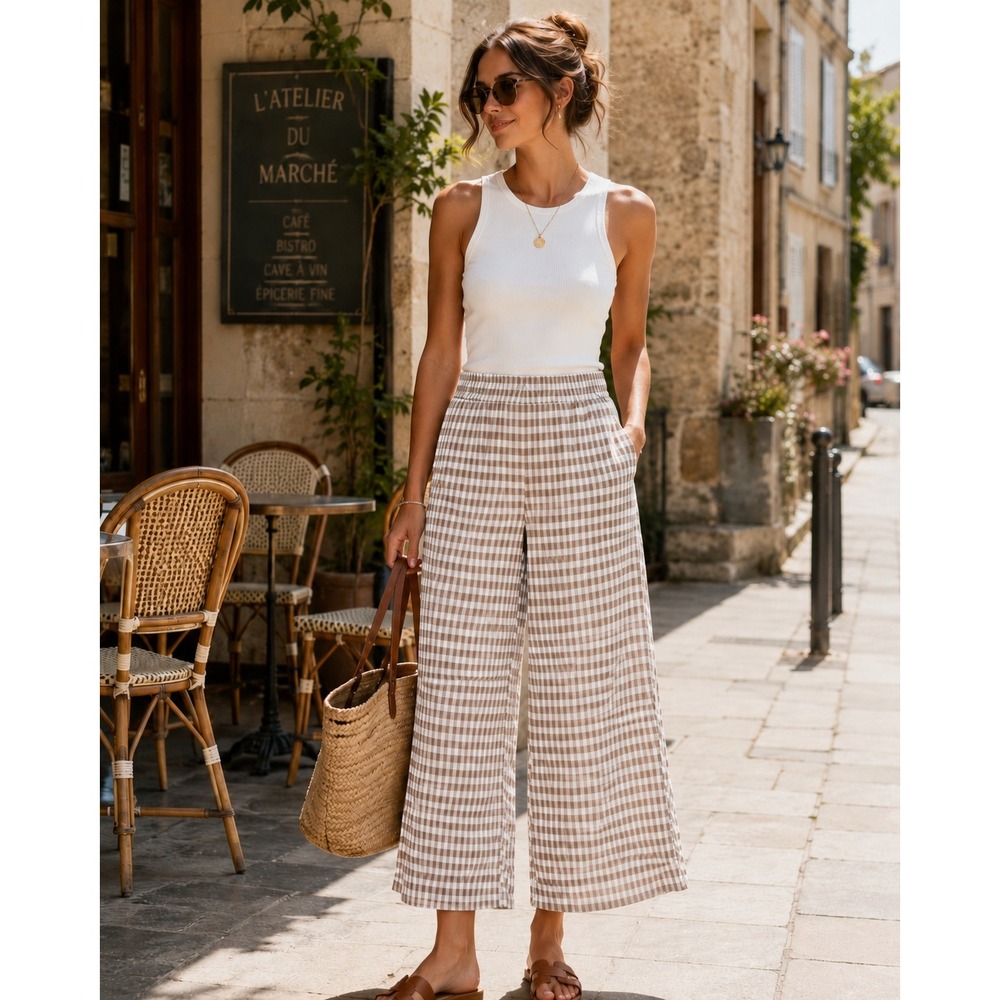 Gingham Linen Blend Wide Leg Pants Women Large  Euro Summer Picnic Garden Party